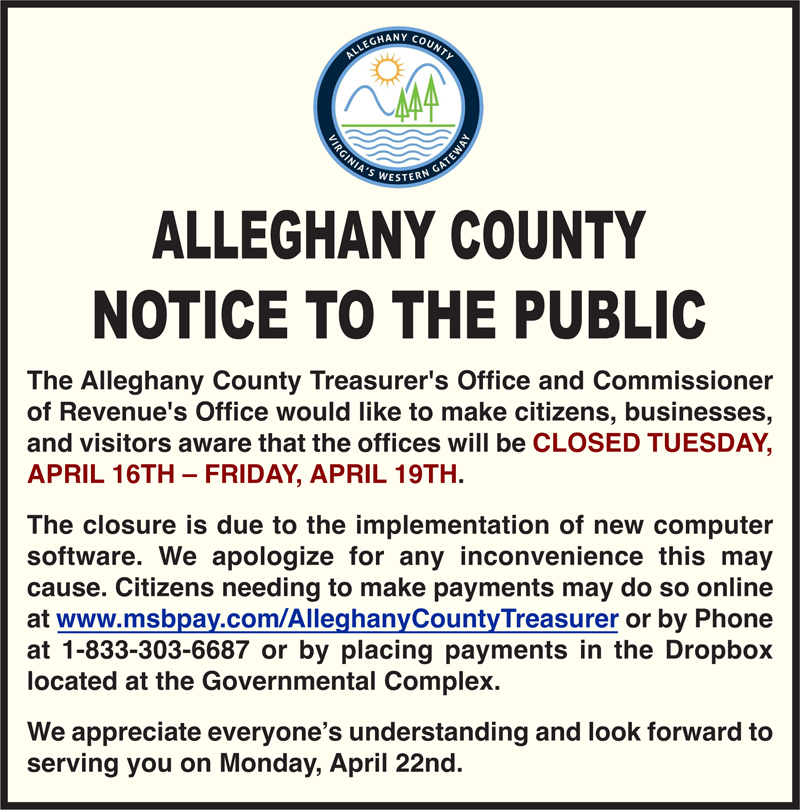 Alleghany Co. Treasurer's Office Temporarily Closed April 1619